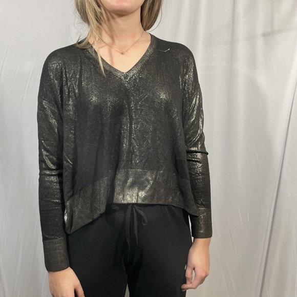 NEW Zara Knit [ Small ]‎ V Neck Metallic Long Sleeve Top Sweater Black/Gold - Picture 1 of 14